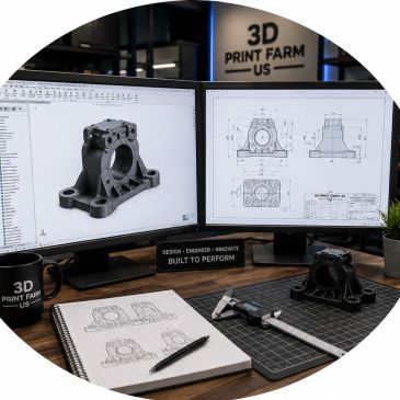 CAD design and manufacturing workstation showing 3D models and technical drawings at 3D Print Farm U