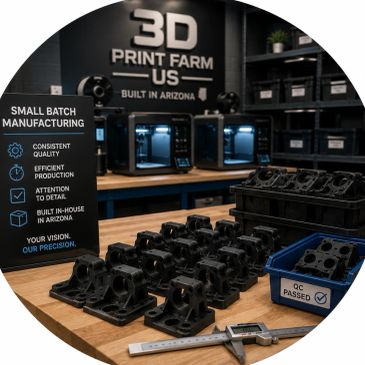 Small batch 3D printing production line with multiple printers at 3D Print Farm US in Arizona