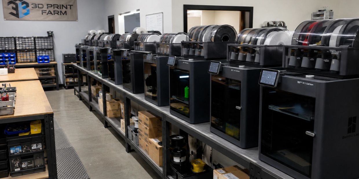 A row of advanced 3D printers in a well-organized printing farm.