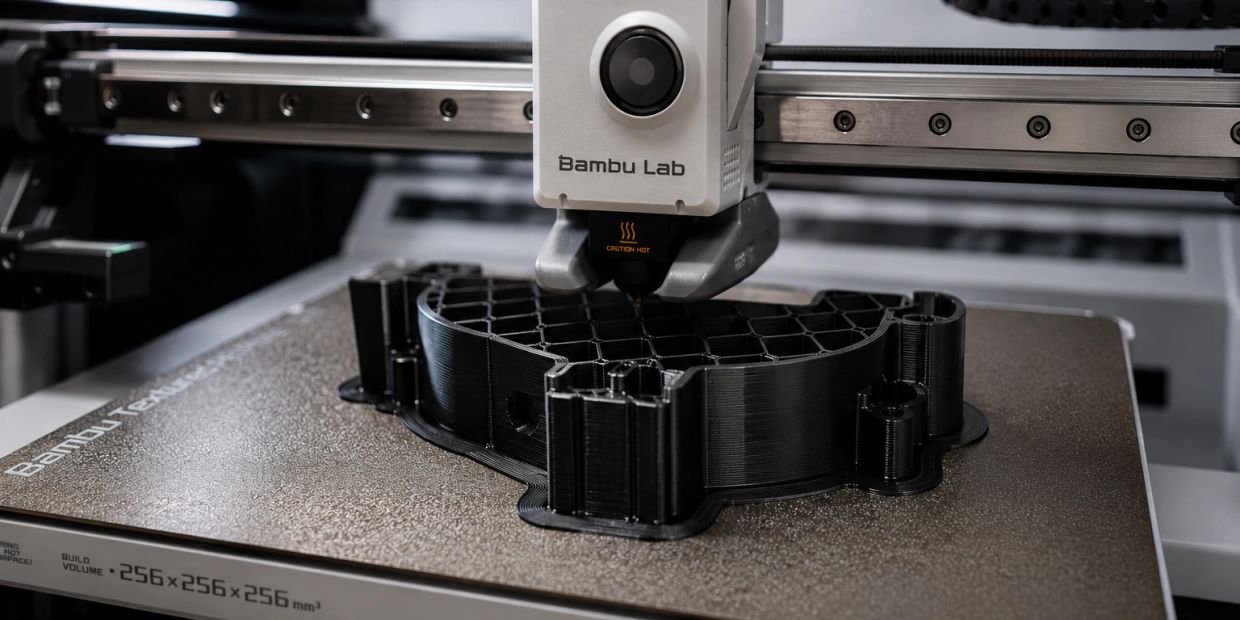A Bambu Lab 3D printer creating a detailed black object with honeycomb structure.