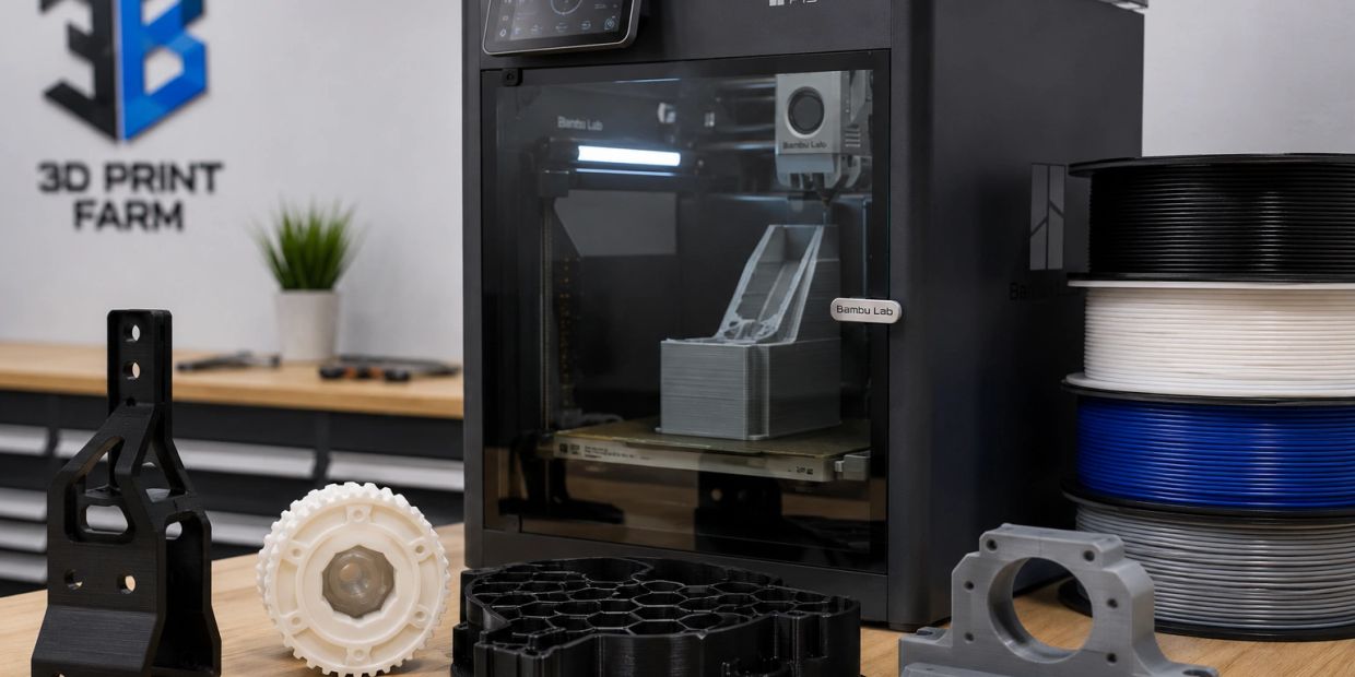 3D printer with printed parts and filament spools on a workbench.