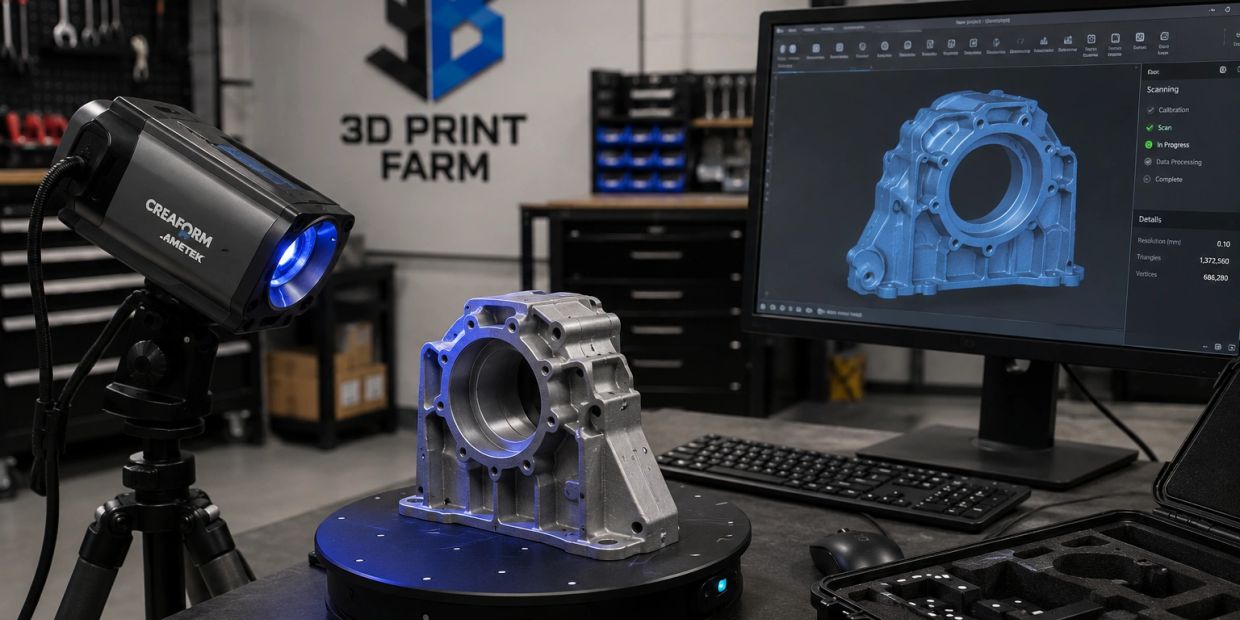 3D scanning of a mechanical part in a workshop with real-time computer modeling.