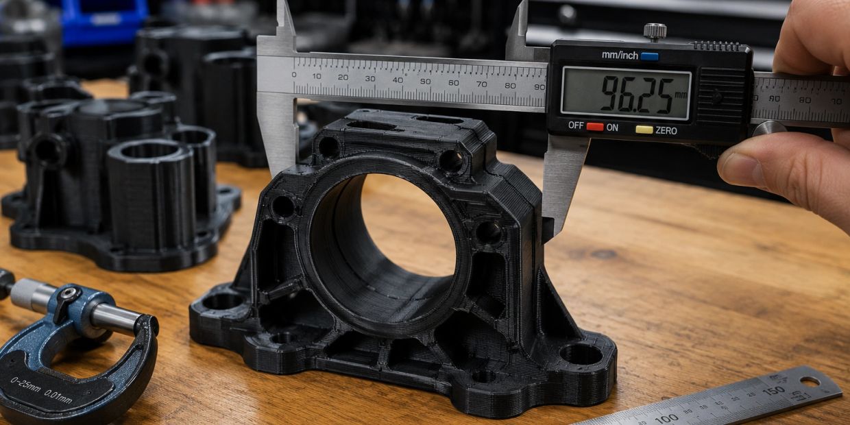 Digital caliper measuring a black 3D-printed mechanical part on a wooden table.