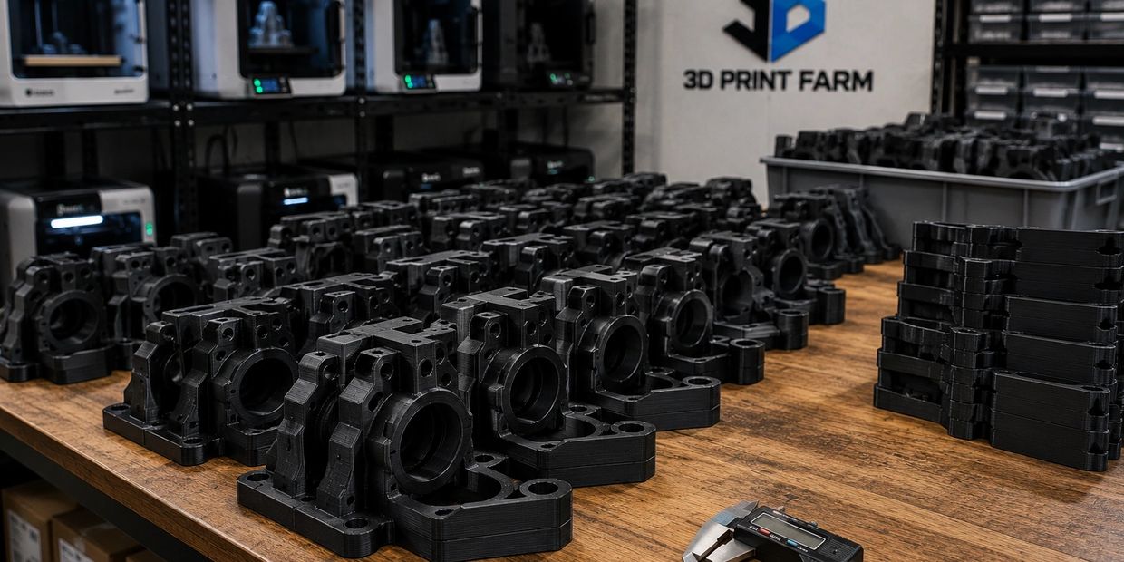 Rows of black 3D printed parts on a wooden table in a 3D print farm.