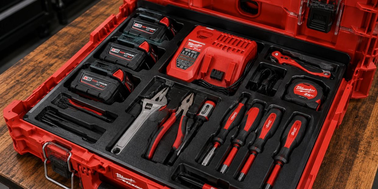 Organized red Milwaukee tool kit with batteries, wrenches, pliers, and screwdrivers.