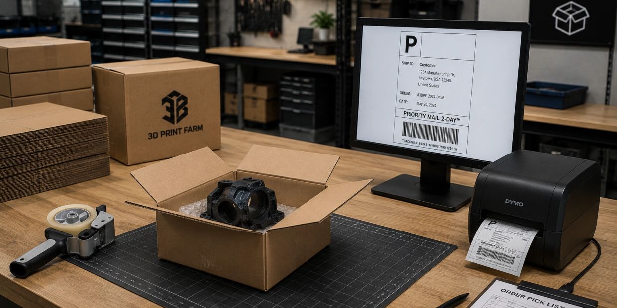 3D printed part being packed in a box with a shipping label printer.