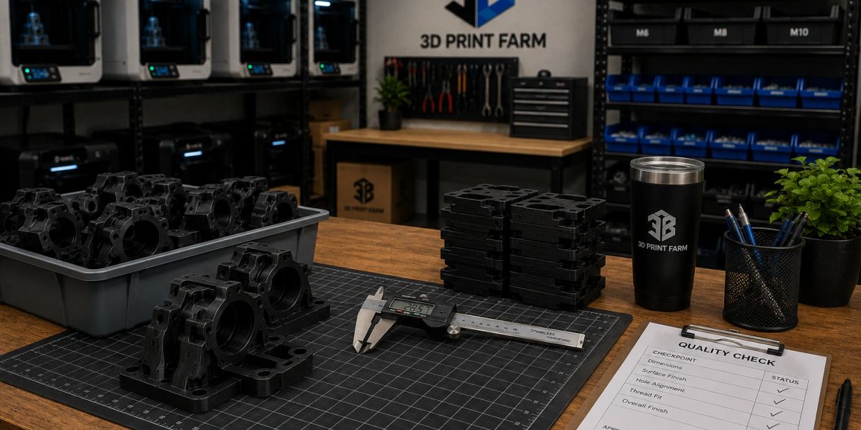3D printed parts on a workspace with quality check and measuring tools.