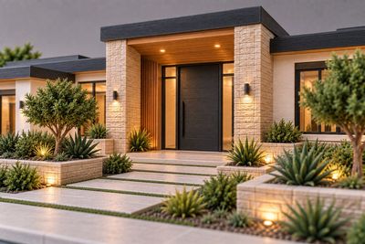 3D printed architectural scale model of a modern desert home entry with stone columns and landscapin