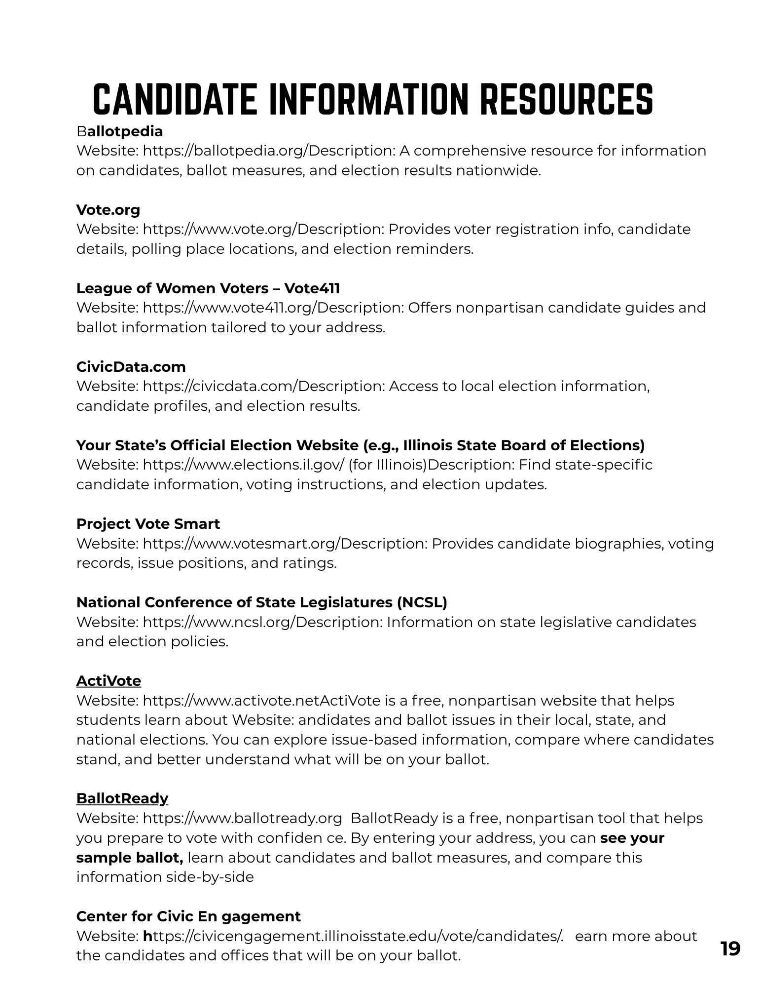 List of candidate information websites with descriptions and URLs.