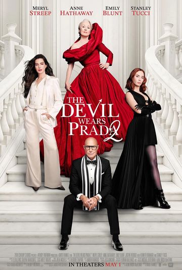 Cast of The Devil Wears Prada 2 posed on grand staircase.
