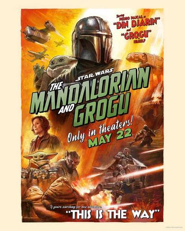 Retro-style poster of The Mandalorian and Grogu with vibrant action scenes and release date.