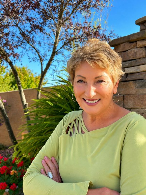 Smiling woman in a green top outdoors on a sunny day.