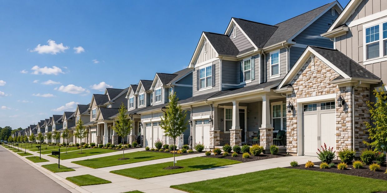 Row of modern suburban houses under clear blue sky.