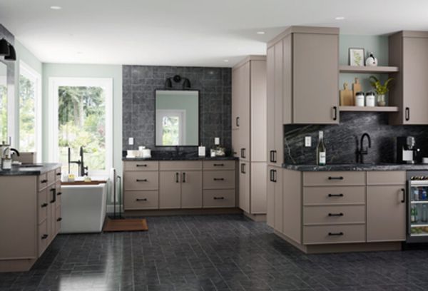 Modern bathroom with grey cabinets and black accents.