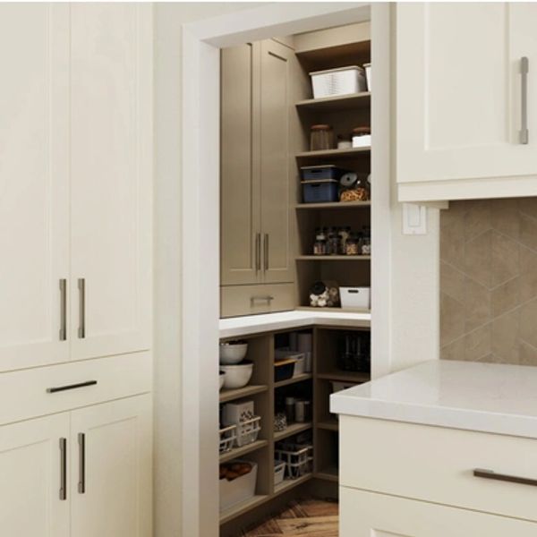 Modern kitchen pantry with organized shelves and cabinets.