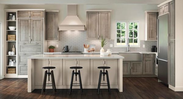 Modern kitchen with wooden cabinets and island.