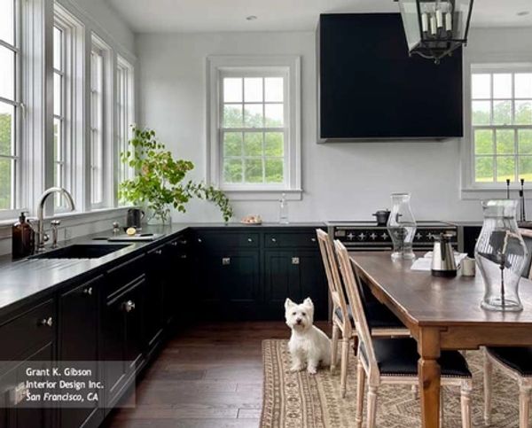 Bright kitchen with black cabinets and a small white dog.