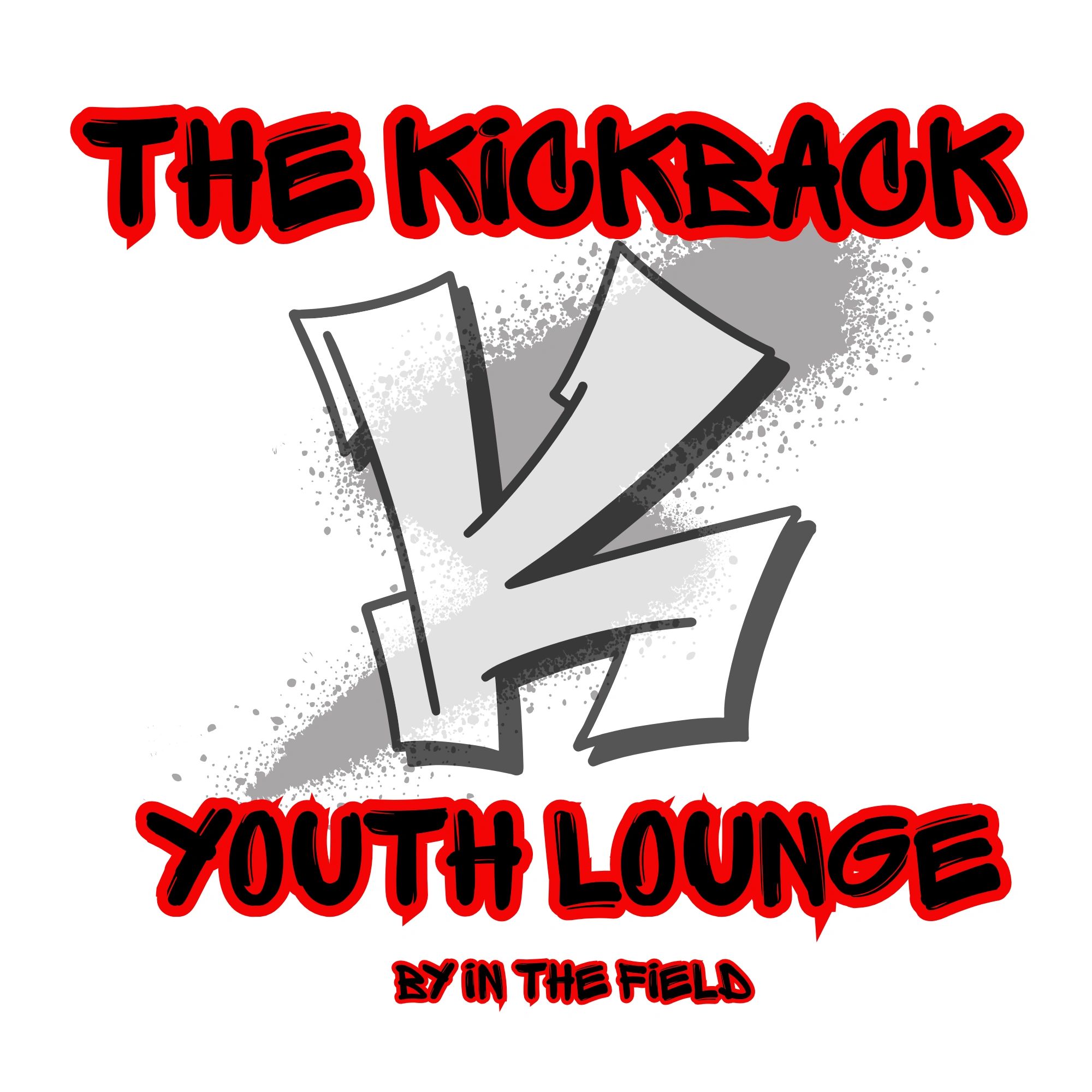 Graffiti-style logo for The Kickback Youth Lounge with bold red and black text.