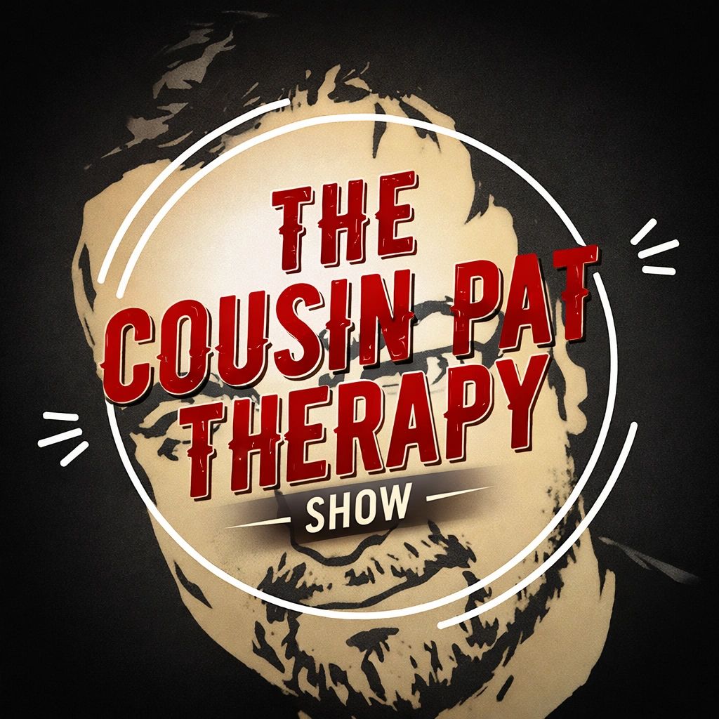 Logo of The Cousin Pat Therapy Show with stylized portrait and bold text.