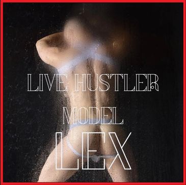 Artistic photo of a model named Lex behind frosted glass with text overlay.