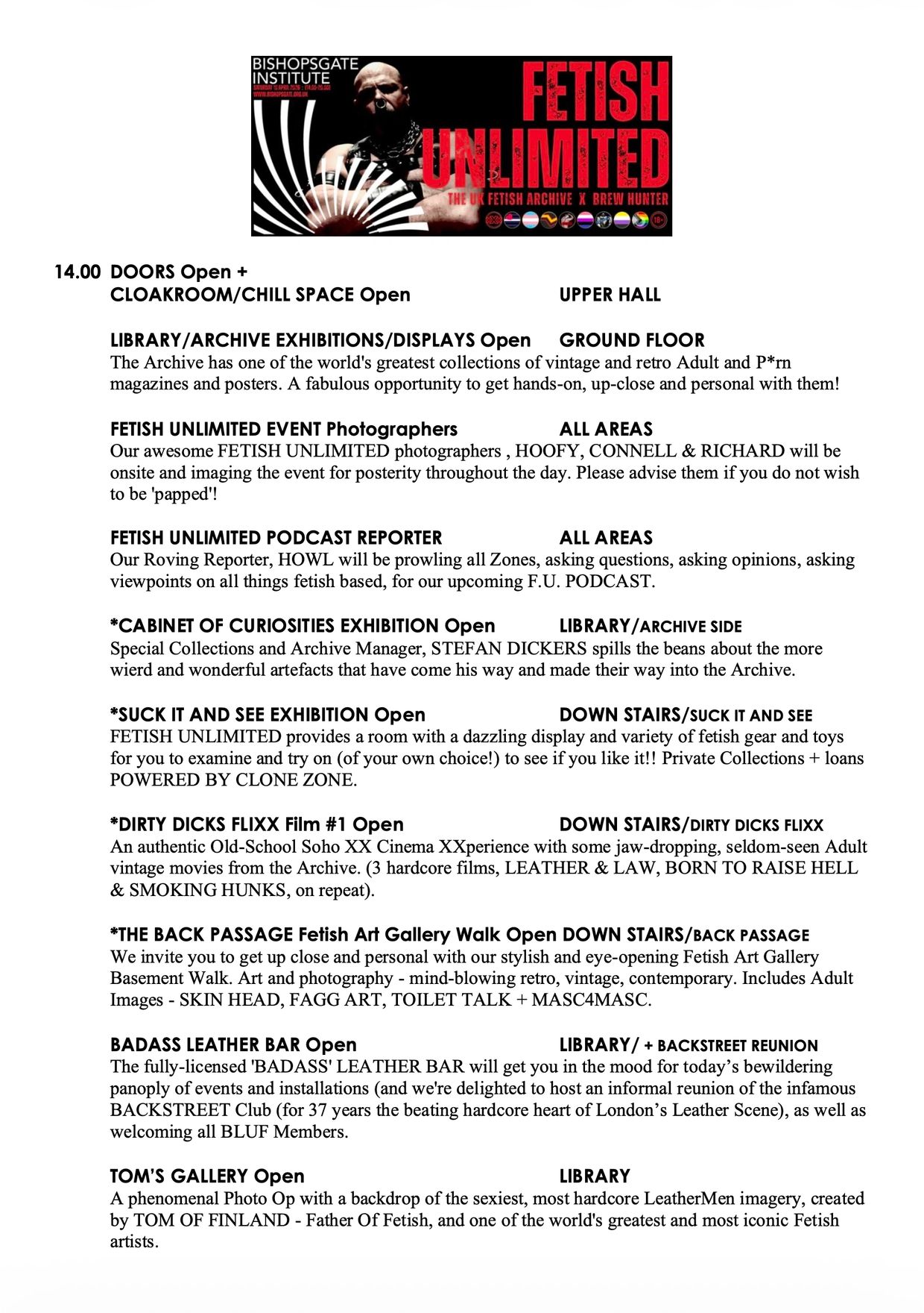 Event schedule and info for Fetish Unlimited at Bishopsgate Institute.