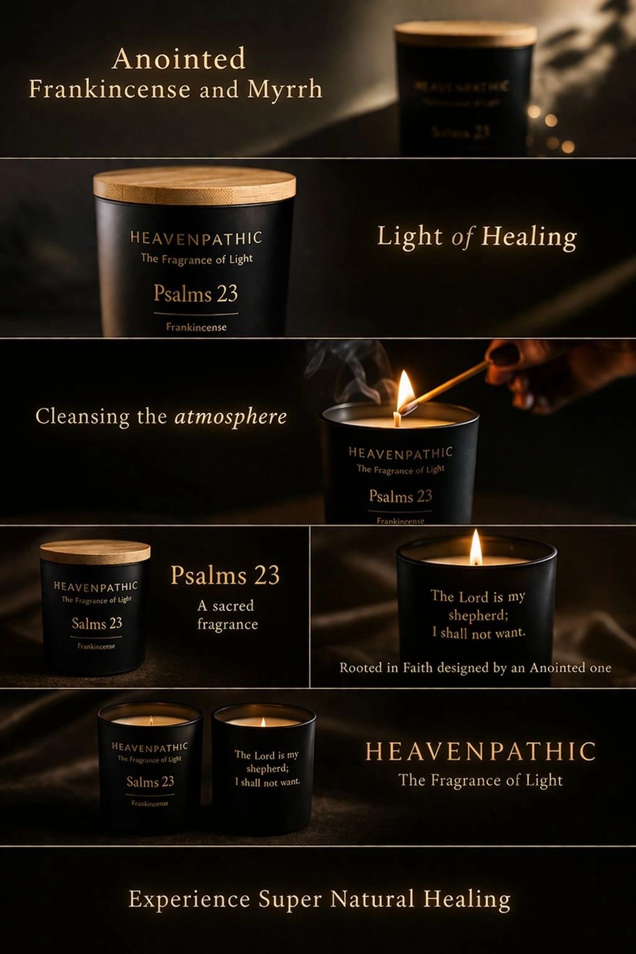 HEAVENPATHIC Psalms 23 candle with frankincense scent and spiritual healing theme.