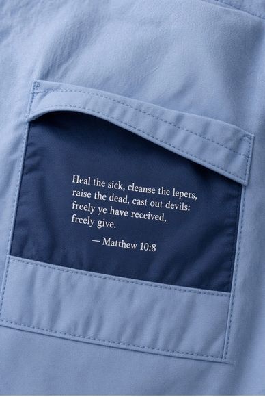 Biblical quote on fabric pocket.