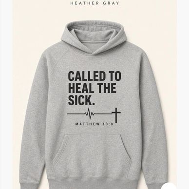 Gray hoodie with religious text and symbols.