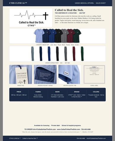Image of medical apparel and sales sheet for CTHS Clinical unisex scrubs.