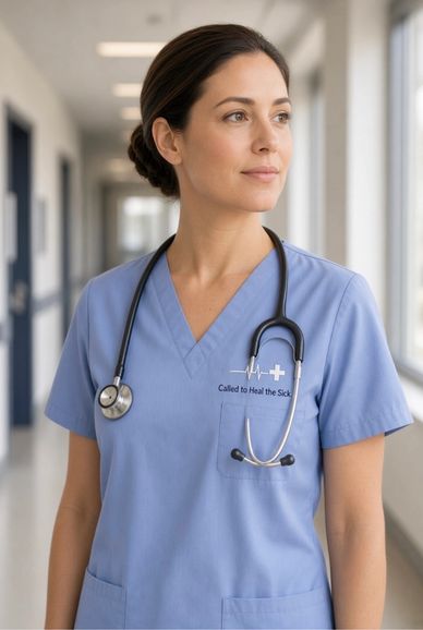 Female nurse in blue scrubs with stethoscope.