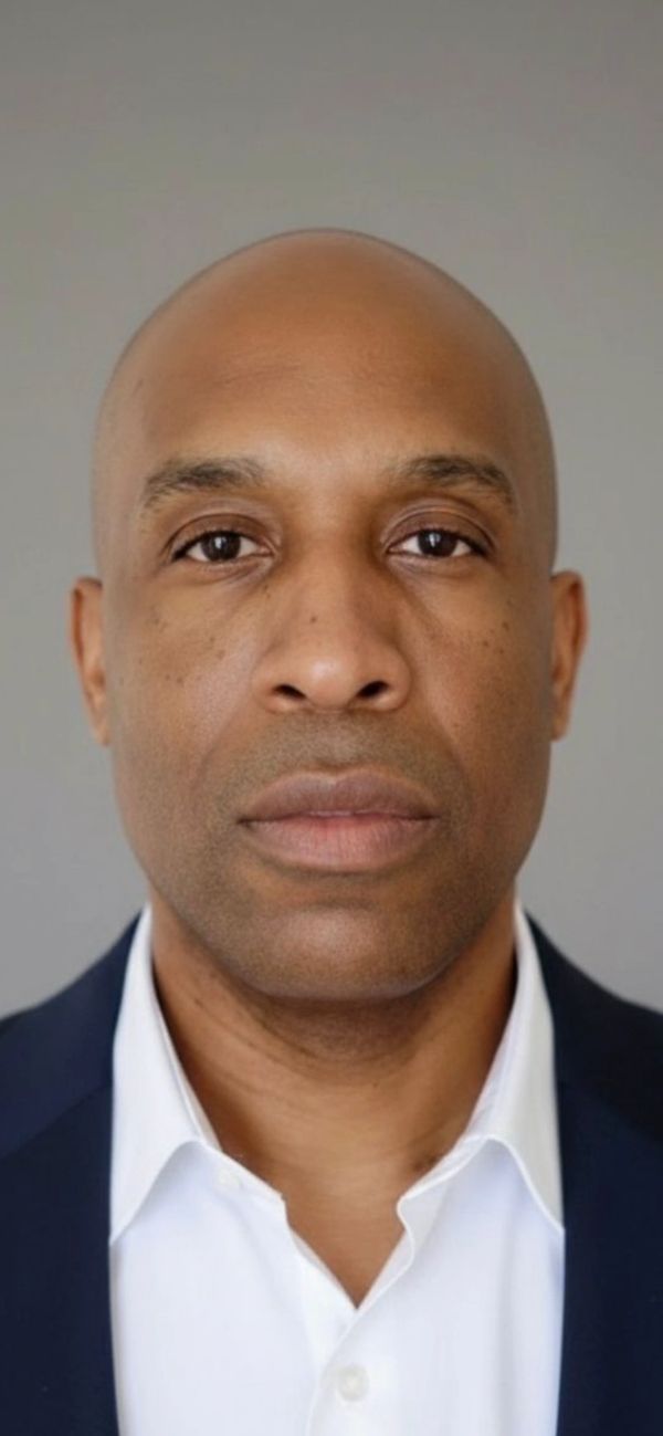 Close-up portrait of a serious bald man in a suit and white shirt.