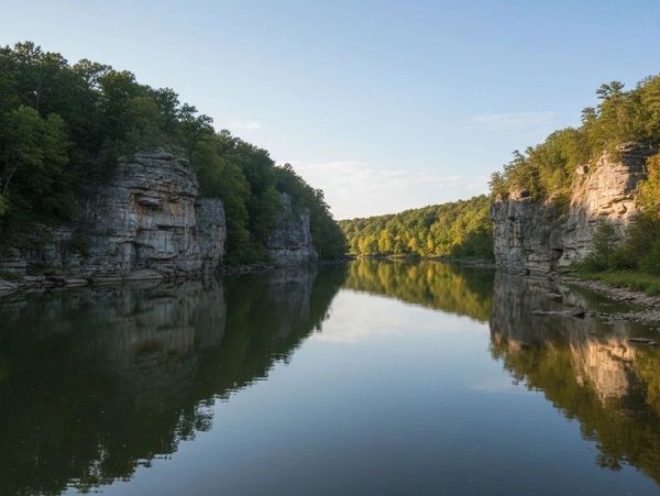 A calm river flanked by rocky cliffs and lush green trees under a clear sky.