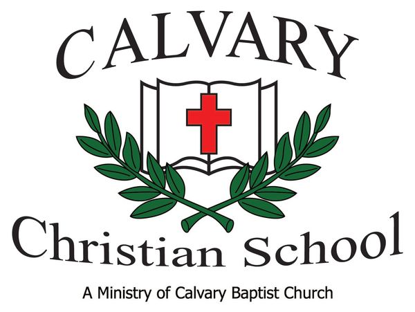 Logo of Calvary Christian School with a red cross and green leaves.