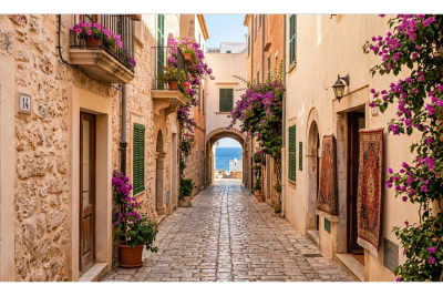 Charming cobblestone street adorned with vibrant flowers and carpets, leading to a sea view.