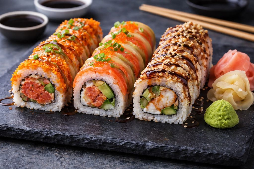 Three various sushi rolls.