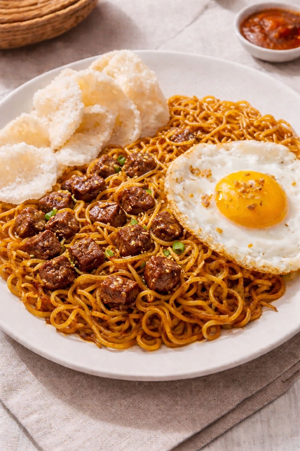 A plate of Mie Goreng(Indonesian fried noodle with fried fish crackers and a fried egg.)