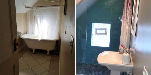 Before and after photos of a 3rd story bathroom.