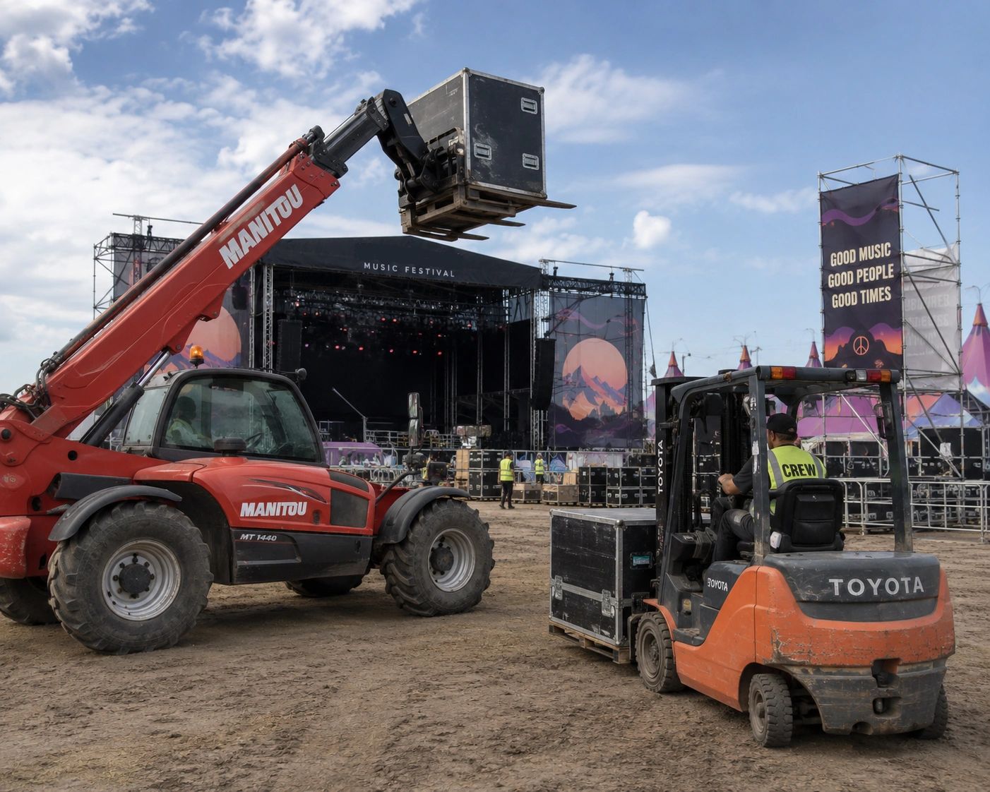 Crew members use forklifts to set up a music festival stage.