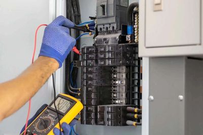 Electrician working at a breaker panel to diagnose an electrical repair. 