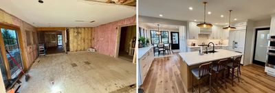 Electrical remodel, updated kitchen with pendant and recessed can lighting.