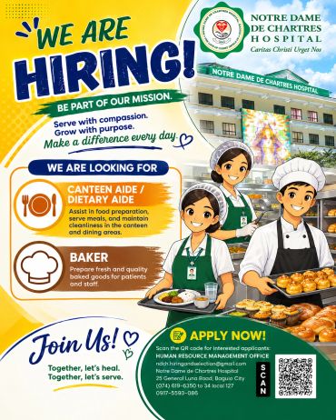 Job openings at Notre Dame de Chartres Hospital for Canteen Aide/Dietary Aide and Baker.