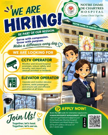 Hiring for CCTV and Elevator Operator at Notre Dame de Chartres Hospital.