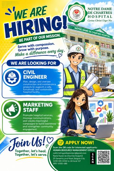 Hiring announcement for civil engineer and marketing staff at Notre Dame de Chartres Hospital.