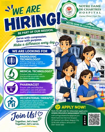 Job hiring poster for healthcare professionals at Notre Dame De Chartres Hospital.