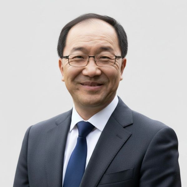 Smiling middle-aged man wearing glasses and a suit with a blue tie.