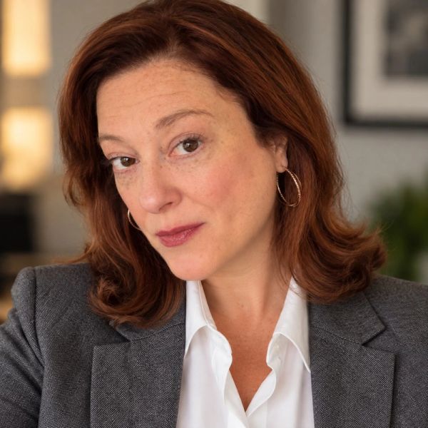 Woman with red hair in gray blazer and white shirt.