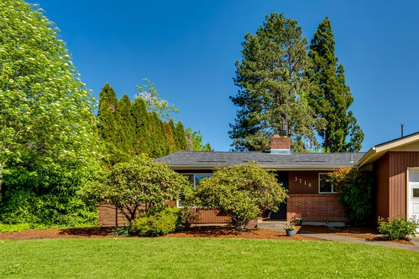 A single-story brick house surrounded by lush greenery under a clear blue sky.