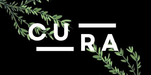Minimalist logo with 'CURA' text and green leaves on black background.