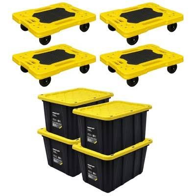 Four yellow dolly carts and four black storage bins with yellow lids.