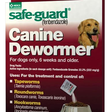 Safe-guard canine dewormer for dogs, effective against tapeworms, roundworms, and hookworms.